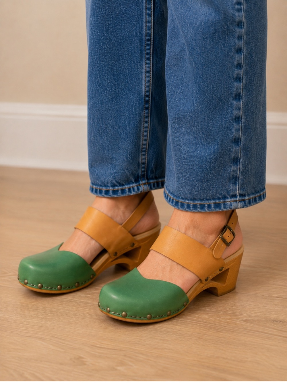 DANSKO Thea Green Tan Leather Clogs Slingback Heels Size 40 US 9.5-10